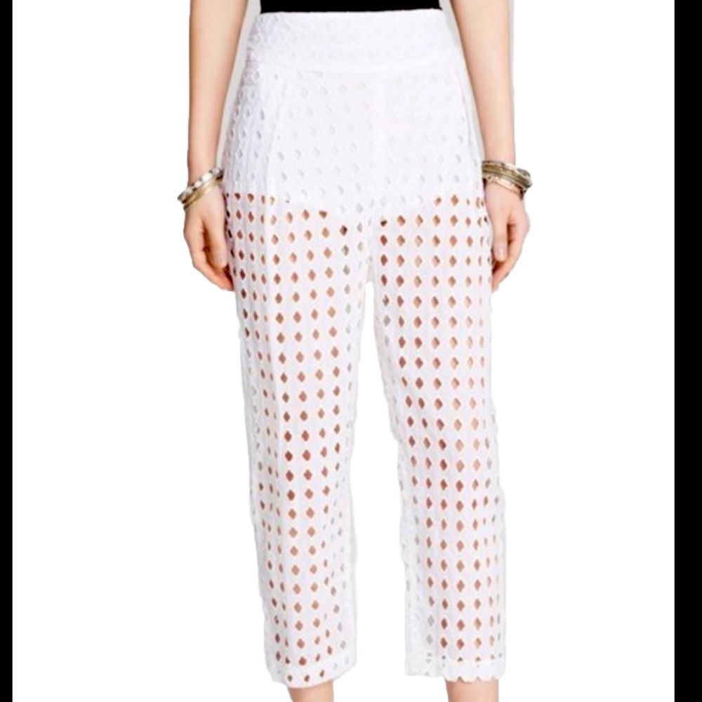 Free People Women's White Geo Eyelet Pants Elastic Waist Wide-Leg | Size: M